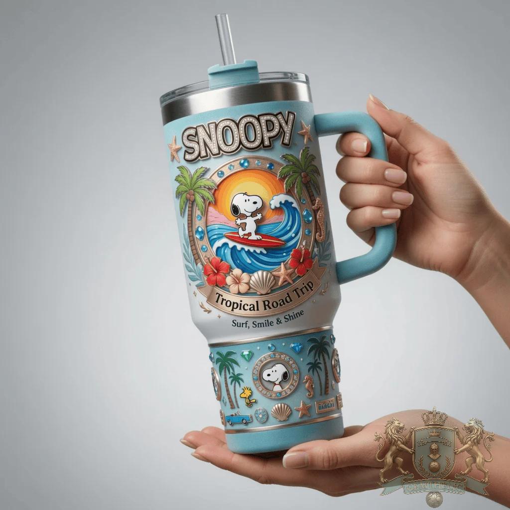 Snoopy Tropical Road Trip Surf Smile Shine Insulated Tumbler - Detail View