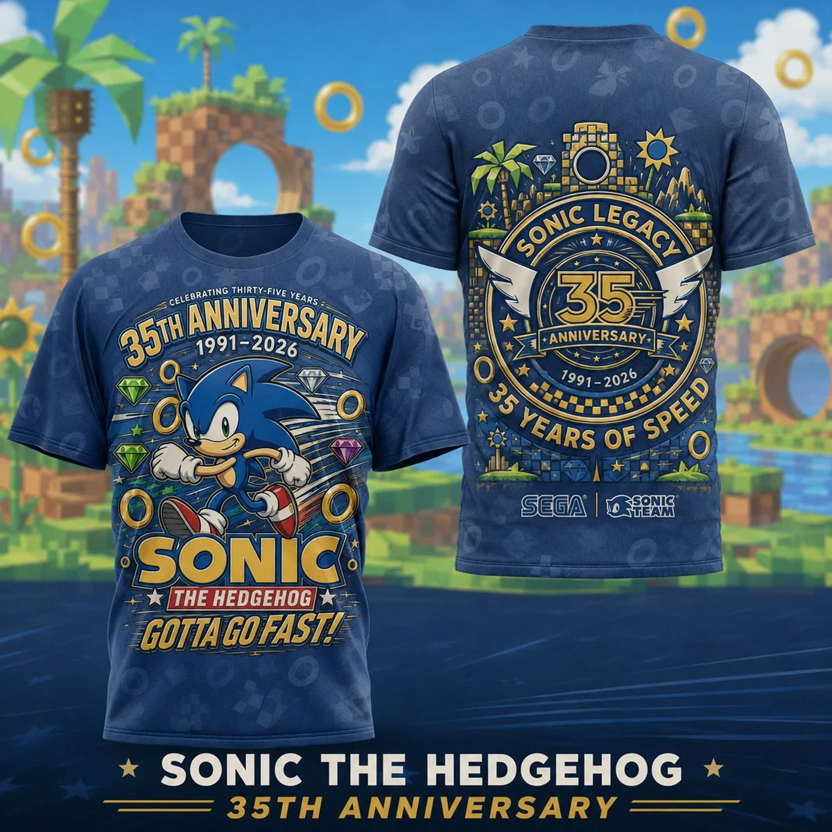 Sonic the Hedgehog 35th Anniversary 1991-2026 Sonic Legacy 35 Years Of Speed Gotta Go Fast! T-Shirt - Front View