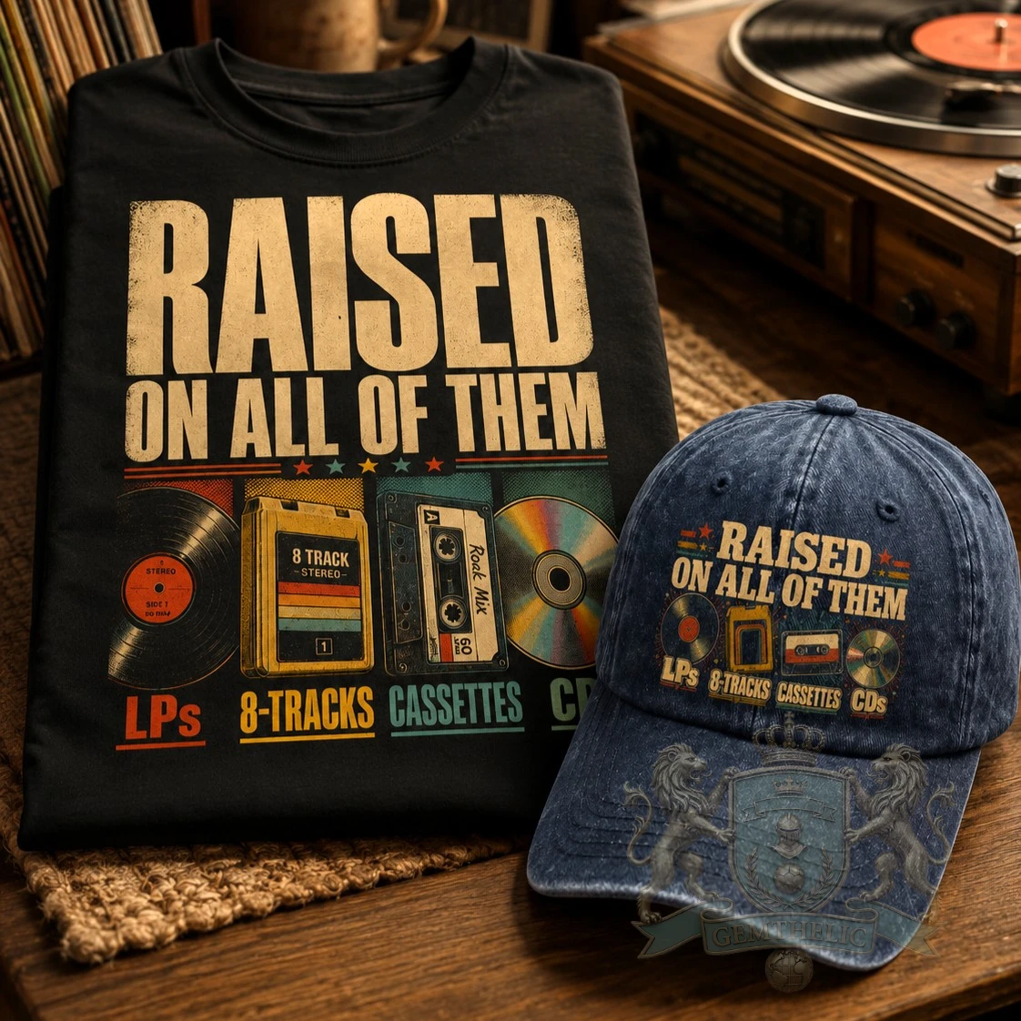 Vintage Music Experience Raised On LPs 8-Tracks Cassettes CDs T-Shirt - Front View