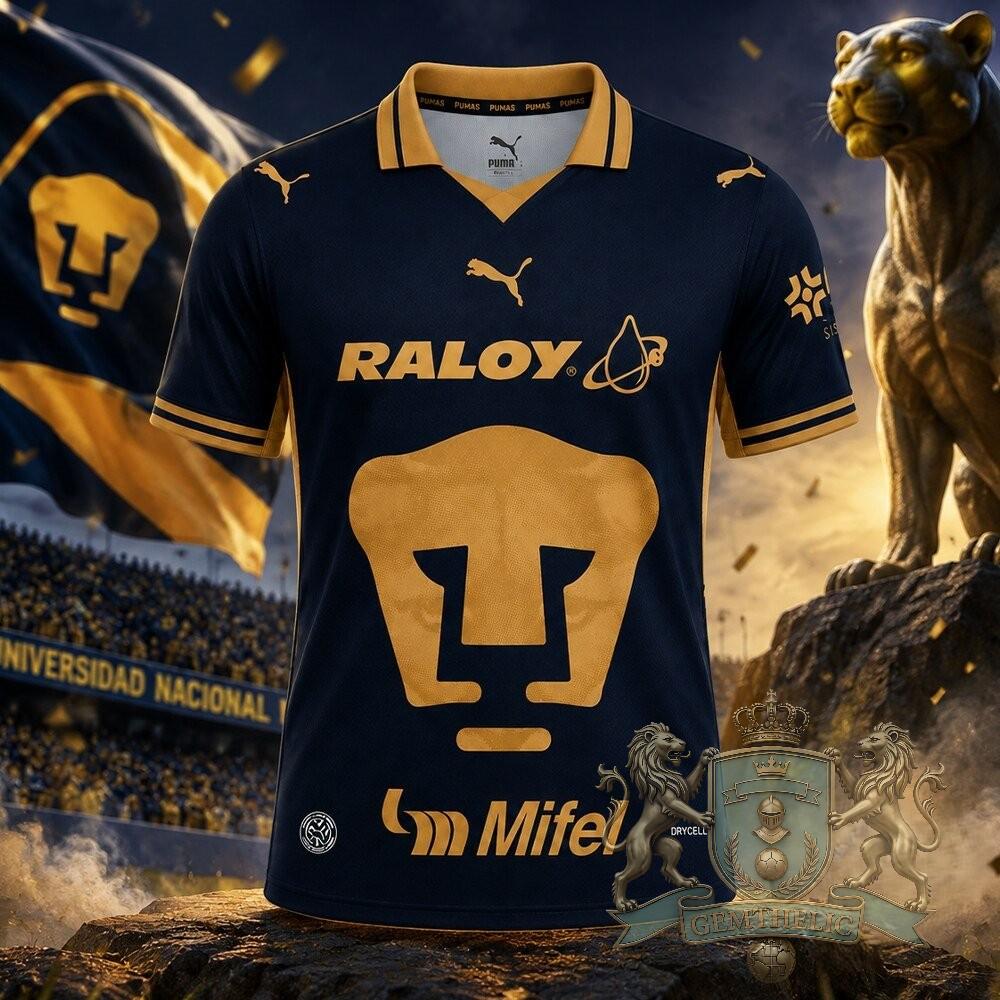 Pumas UNAM Raloy Mife Navy Away Kit Soccer Jersey - Front View