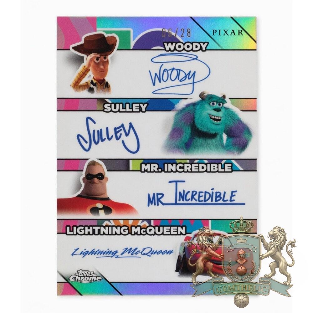 2026 Topps Chrome Disney Pixar Quad Auto Woody Sulley Mr Incredible Lightning McQueen - Front View