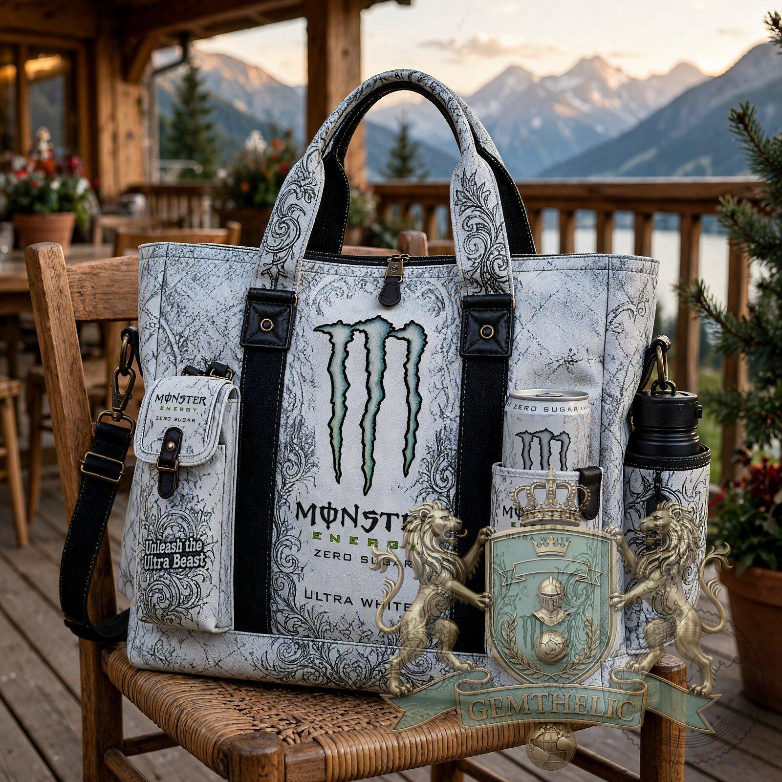 Monster Energy Ultra White Gemthelic Crest Tote Bag - Detail View